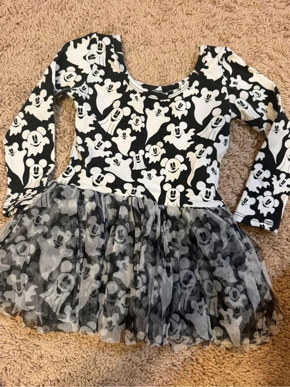 Girls Black & White Ghost Print Tulle Halloween Dress